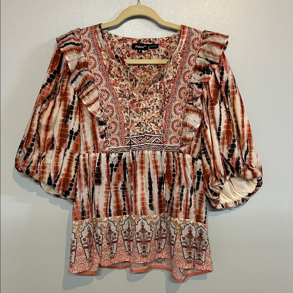 Tolani Blouse Quilted Floral Peasant Puff‎ Sleeve Made in India Size Medium